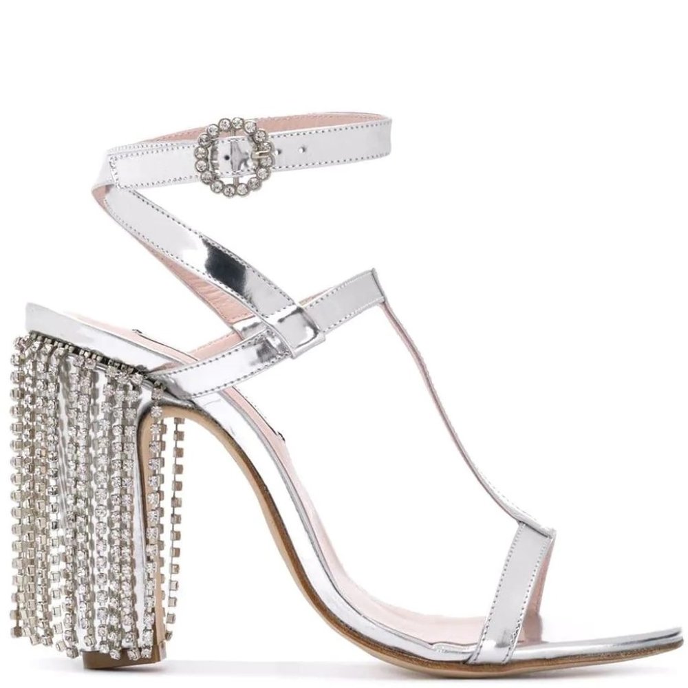 Leandra Medine Silver Leather & Rhinestone Sandals